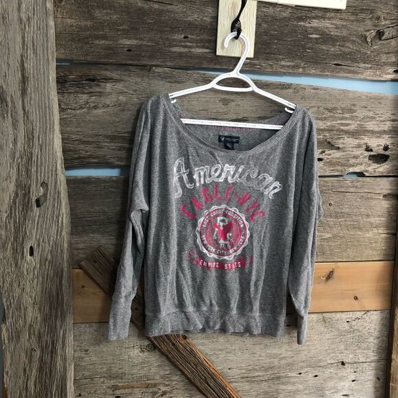 American Eagle Size Large Grey Logo Waffle Material Long Sleeve Top - Picture 1 of 5